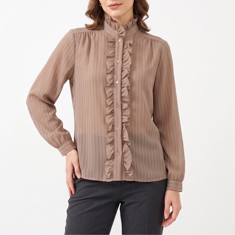 Joanna Blouse Womens 12 Vintage Ruffle Front Pinstripe Tan Button-Down Excellent
